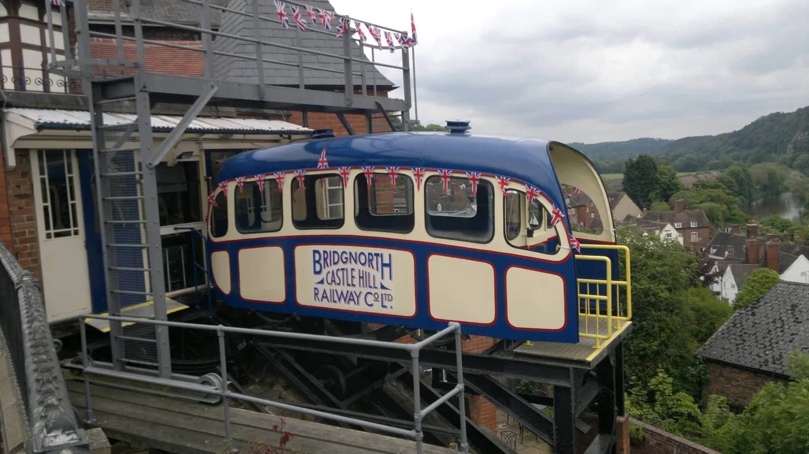 Bridgnorth Cliff Railway funicular carriage on the steep incline