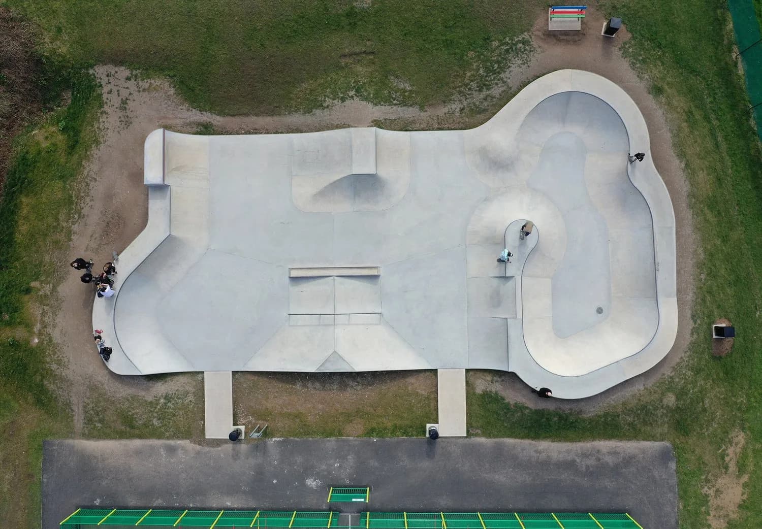 Aerial view of Bodmin Skatepark, the all-concrete 'Beast of Bodmin' at Priory Park, Bodmin