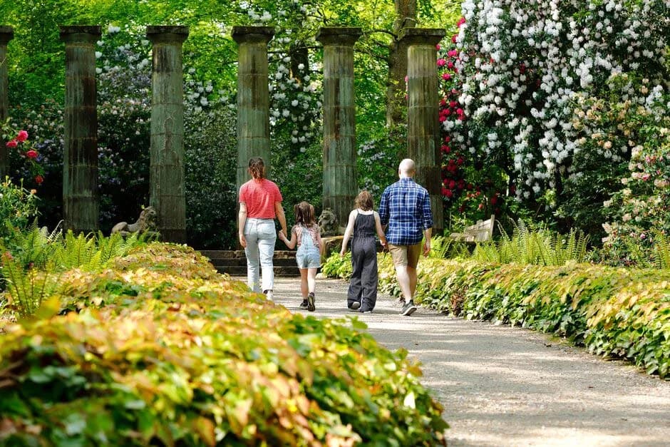 Families exploring the woodland and rhododendrons at RHS Garden Harlow Carr