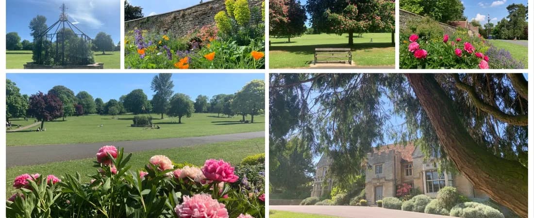 Rushden Hall Park: walled garden flower beds, lawns, bandstand and Rushden Hall