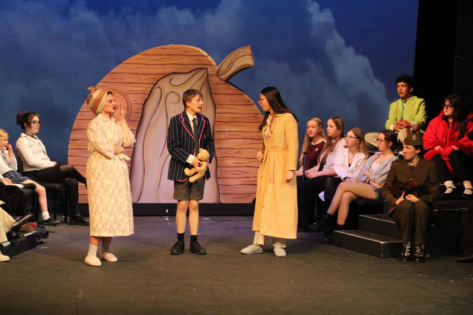 Young cast on stage in a youth theatre production at The Little Theatre, Leicester