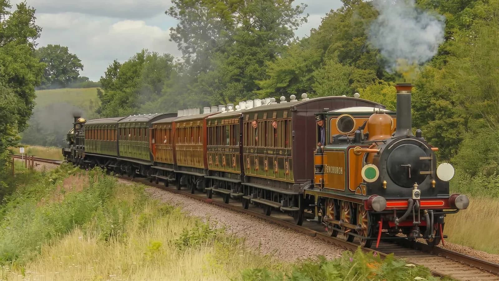 Bluebell Railway steam train crossing the Sussex countryside