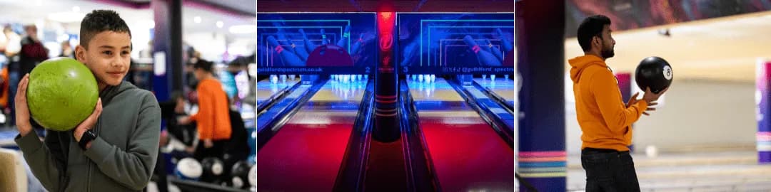 Neon-lit tenpin bowling lanes at Guildford Spectrum (Spectrum Bowl)