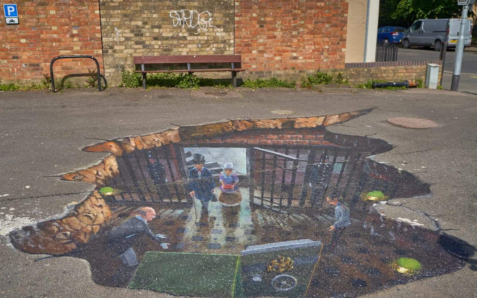 3D floor mural of a bank vault at St Paul's Square, Bedford