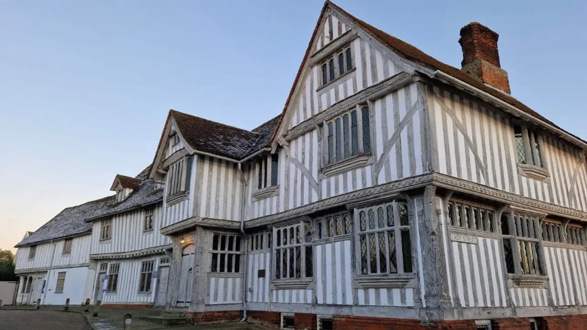 Lavenham Guildhall, a medieval timber-framed building in the market place of Lavenham, Suffolk