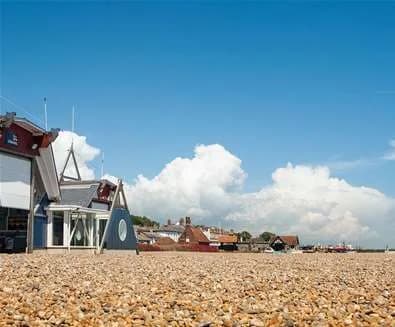 The pebble beach and seafront at Aldeburgh, Suffolk