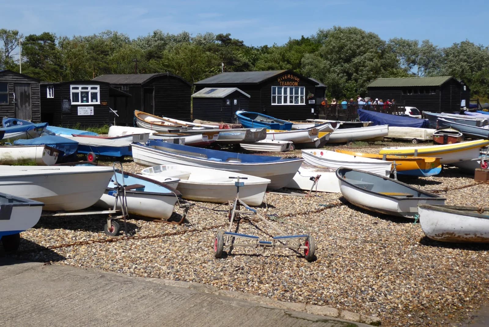 Boats moored at Orford Quay on the River Alde, Suffolk